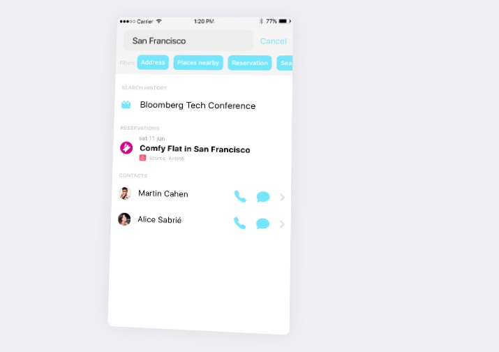 Searching for a city in Snips brings up relevant contacts and locations.
