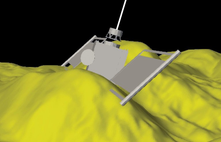 DART spacecraft impact on Dimorphos asteroid in a computer model with yellow, gray, and black