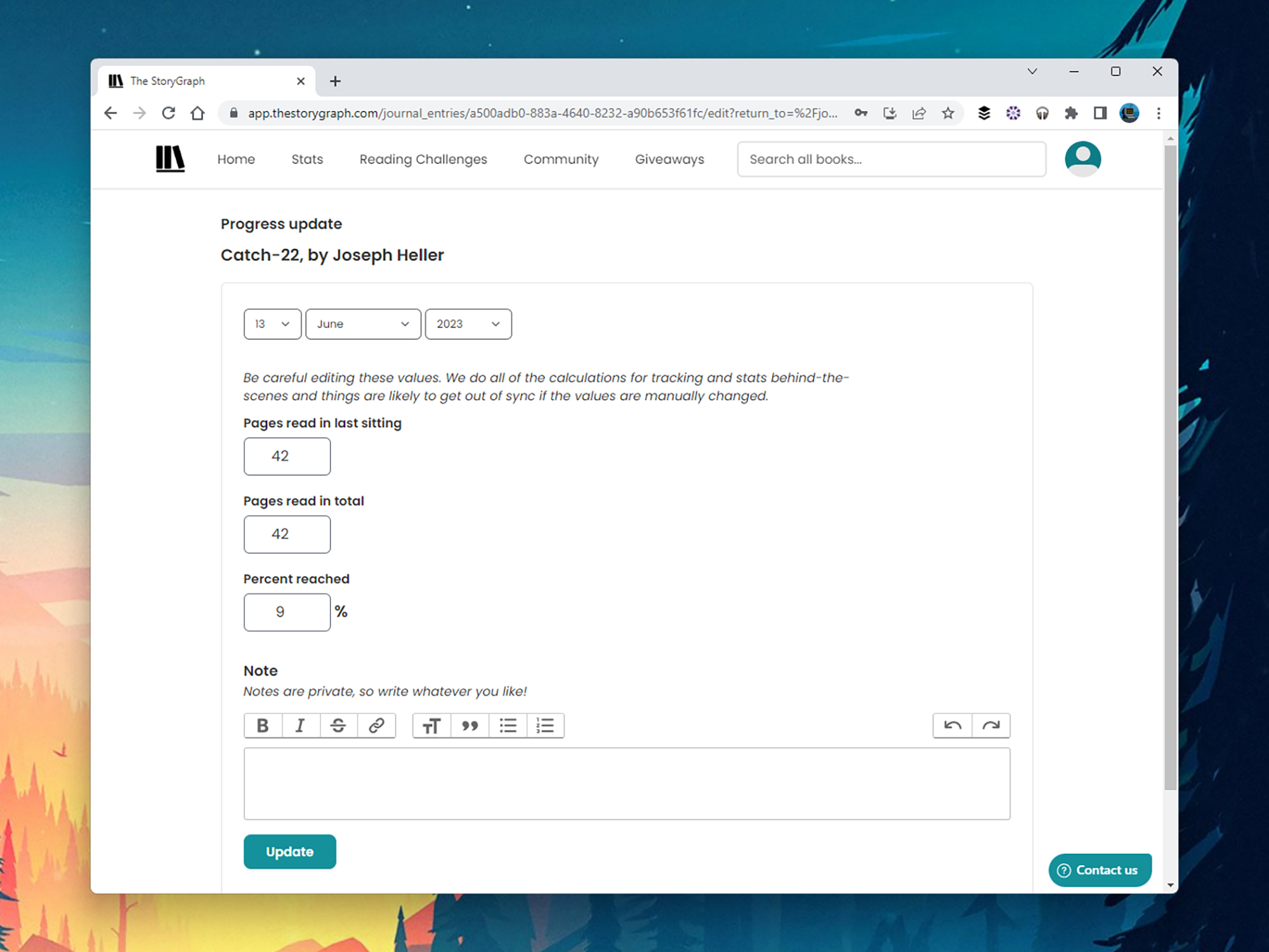 The Reading Journal interface for StoryGraph, where you can keep the app updated with your reading progress.