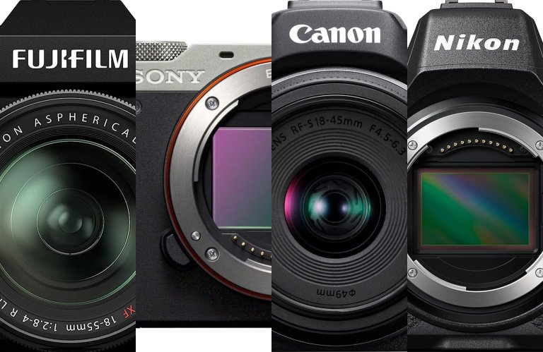 Four of the best mirrorless cameras are sliced together against a white background.