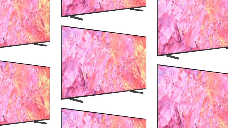 Samsung QLED TVS arranged in a pattern on a plain background