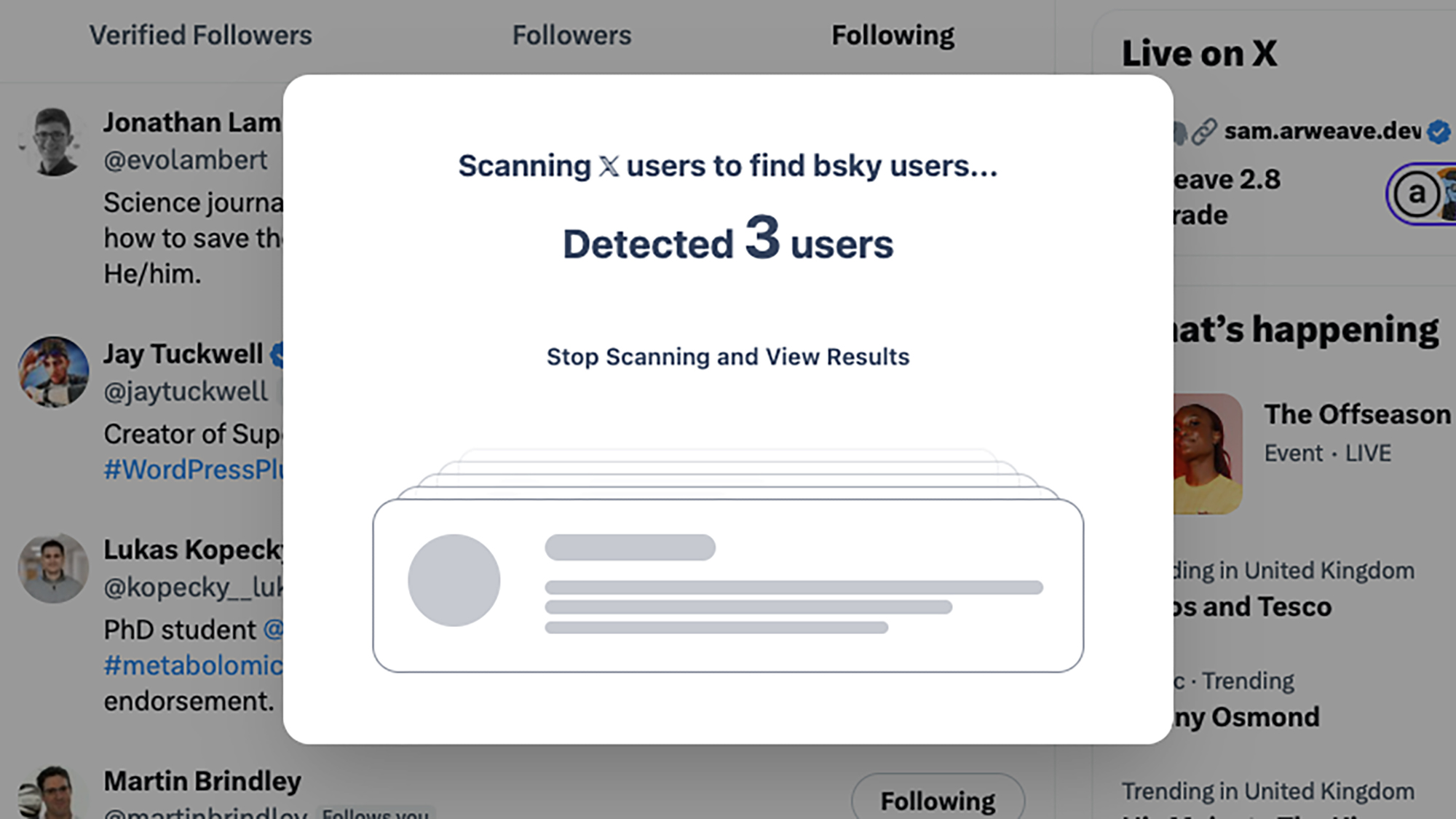 screenshot of app scanning twitter for common users