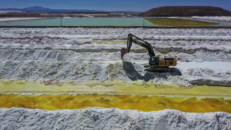 Aerial view of brine ponds and processing areas of the lithium mine of the Chilean company SQM (Sociedad Quimica Minera) in the Atacama Desert, Calama, Chile, on September 12, 2022.