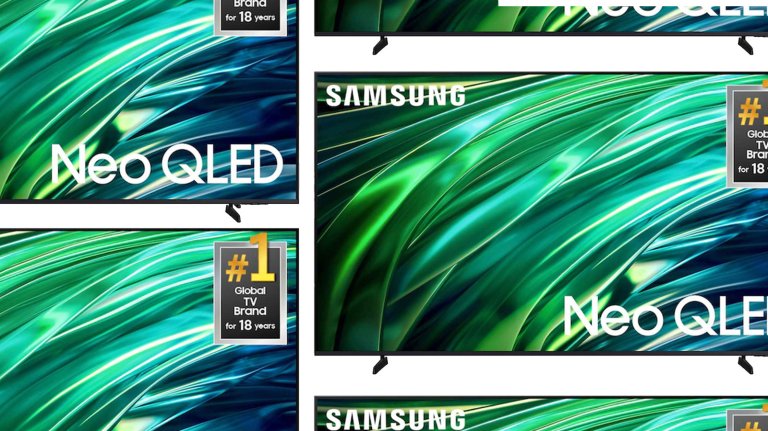 Samsung QLED TVs arranged in a pattern