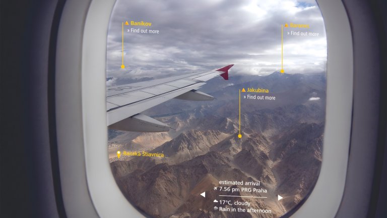 Concept art showing augmented reality smart glass window in airplane cabin