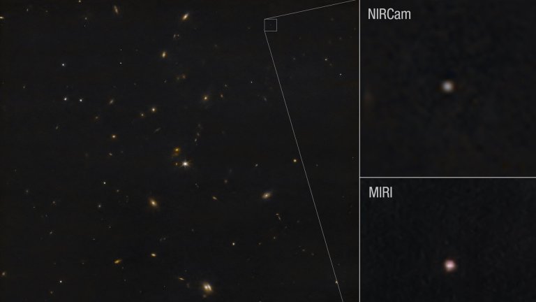 A collage of three images showing the black expanse of space. Two-thirds of the collage is taken up by the black background sprinkled with small, blurry galaxies in orange, blue, and white. There are two images in a column at the right side of the collage. On the right side of the main image, not far from the top, a very faint dot is outlined with a white square. At the right, there are two zoomed in views of this area. The top box is labeled NIRCam and shows a fuzzy dot at the center of the inset. The bottom box is labeled MIRI and shows a fuzzy pinkish dot.