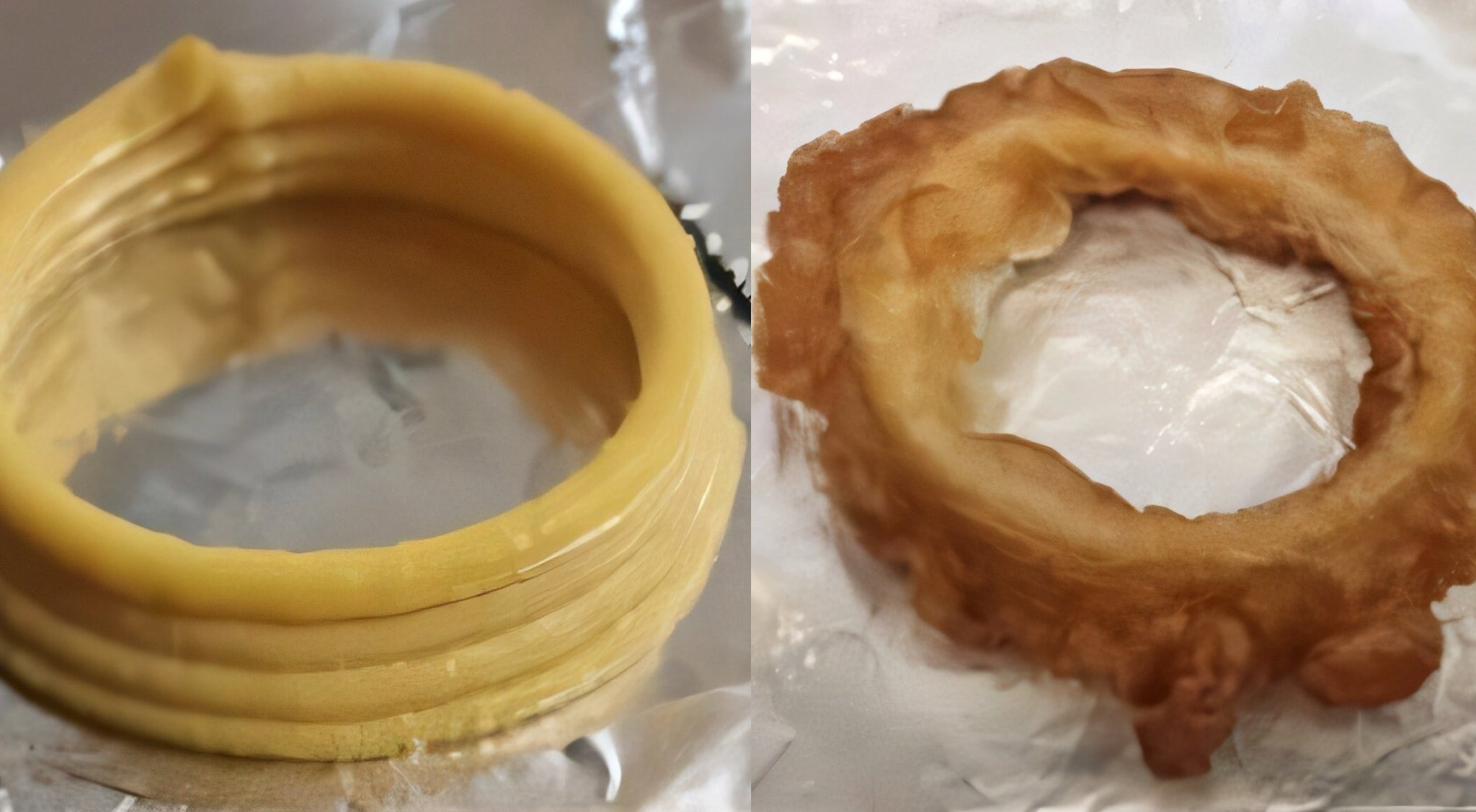 Side by side of uncooked and cooked 3D printed vegan calamari rings